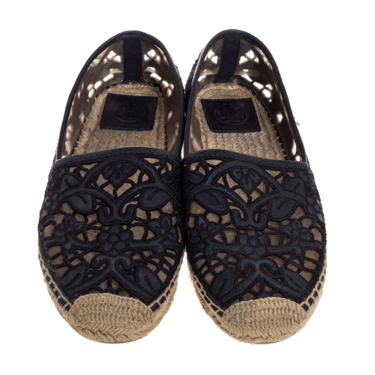 Pre Owned Tory Burch Black Cotton Lace and Leather Jackie Espadrilles Size 38