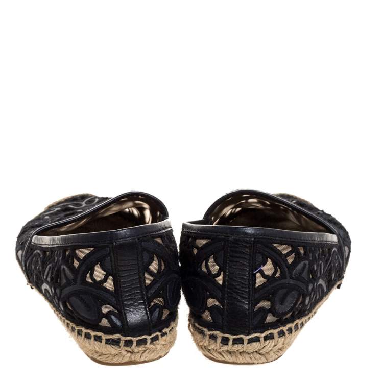Pre Owned Tory Burch Black Cotton Lace and Leather Jackie Espadrilles Size 38