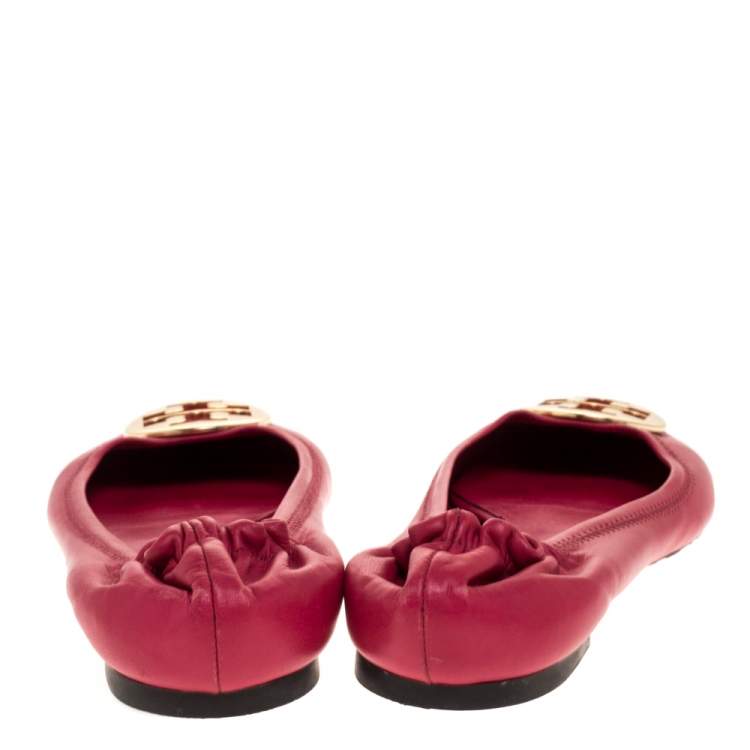 Pre Owned Tory Burch Pink Leather Scrunch Ballet Flats Size 40.5