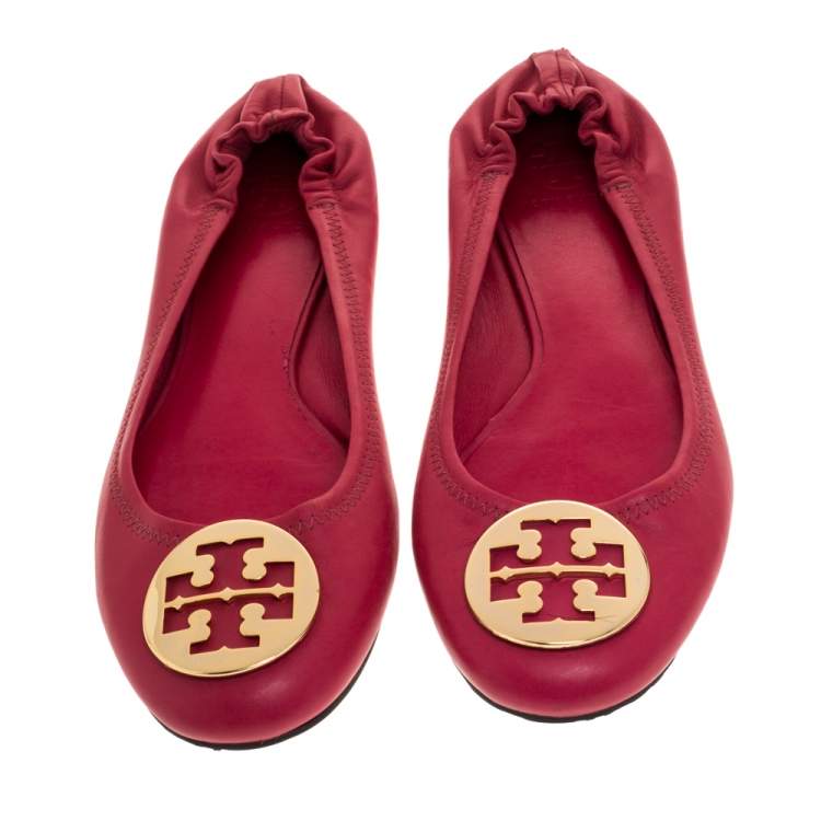 Pre Owned Tory Burch Pink Leather Scrunch Ballet Flats Size 40.5