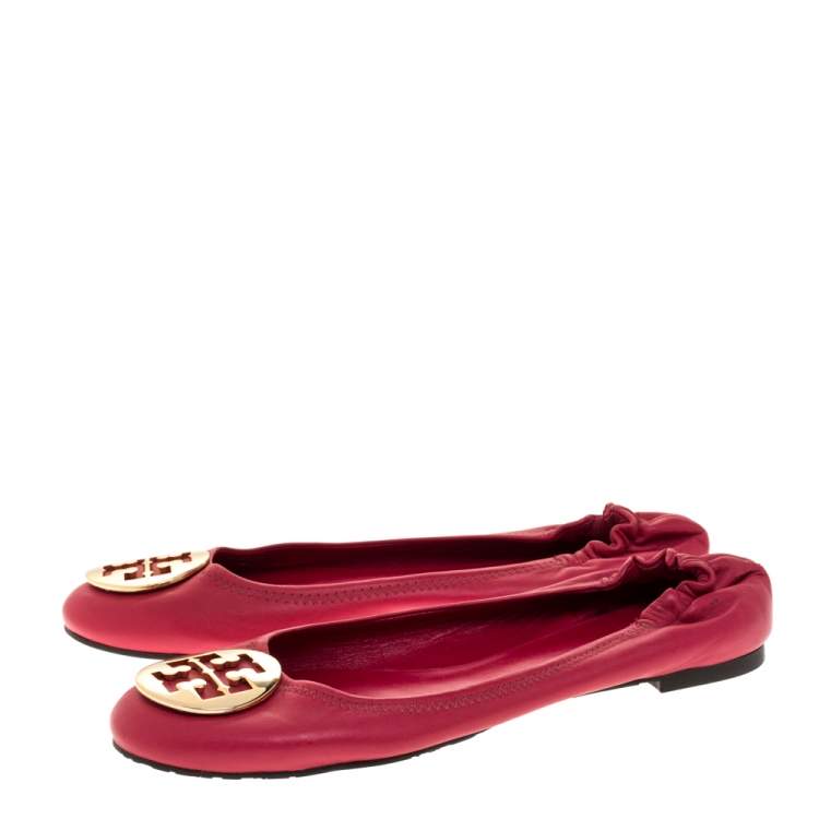 Pre Owned Tory Burch Pink Leather Scrunch Ballet Flats Size 40.5