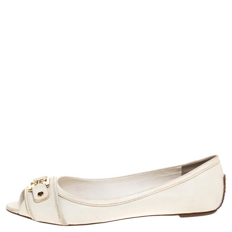 Pre Owned Tory Burch White Leather Cline Peep Toe Ballet Flats Size 37.5 