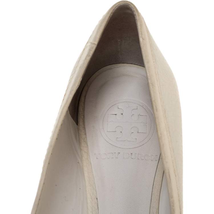 Pre Owned Tory Burch White Leather Cline Peep Toe Ballet Flats Size 37.5 