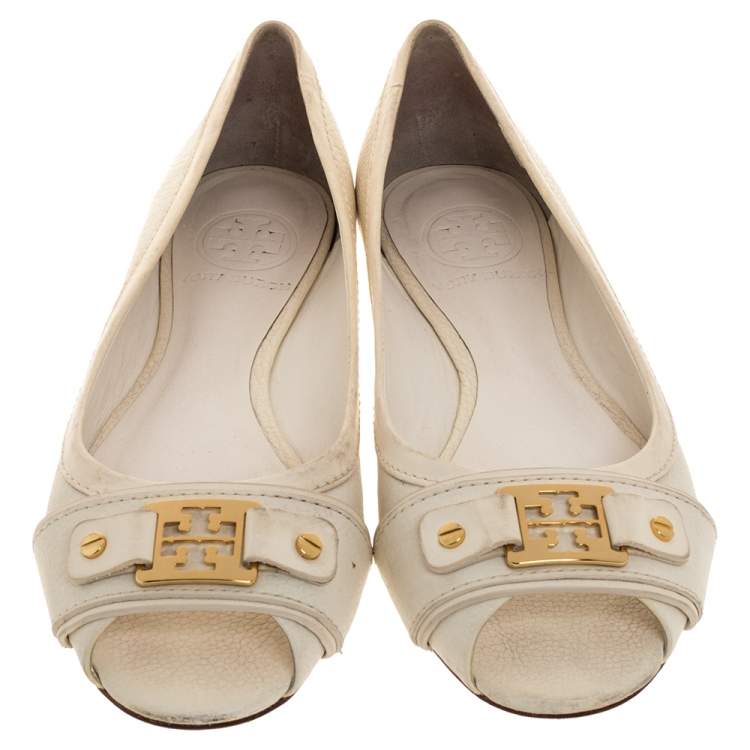 Pre Owned Tory Burch White Leather Cline Peep Toe Ballet Flats Size 37.5 