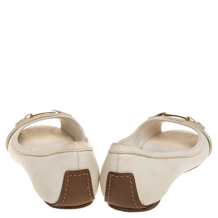 Pre Owned Tory Burch White Leather Cline Peep Toe Ballet Flats Size 37.5 