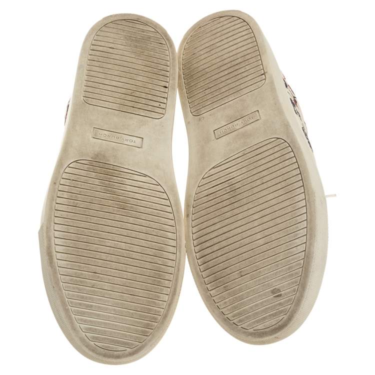 Pre Owned Tory Burch White Floral Print Leather Amalia Low Top Sneakers Size 39.5
