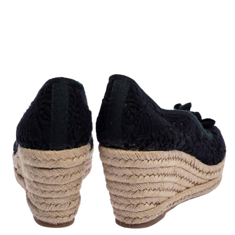 Pre Owned Tory Burch Black Floral Embroidered Fabric Jackie Peep Toe Espadrilles Wedge Size 39
