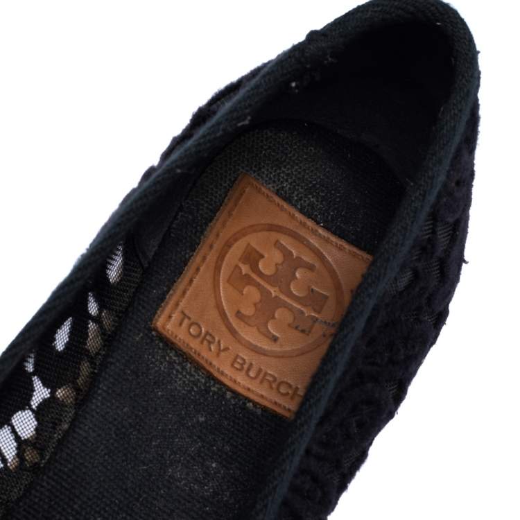 Pre Owned Tory Burch Black Floral Embroidered Fabric Jackie Peep Toe Espadrilles Wedge Size 39