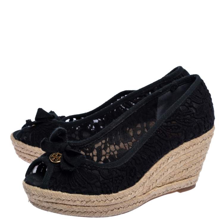 Pre Owned Tory Burch Black Floral Embroidered Fabric Jackie Peep Toe Espadrilles Wedge Size 39