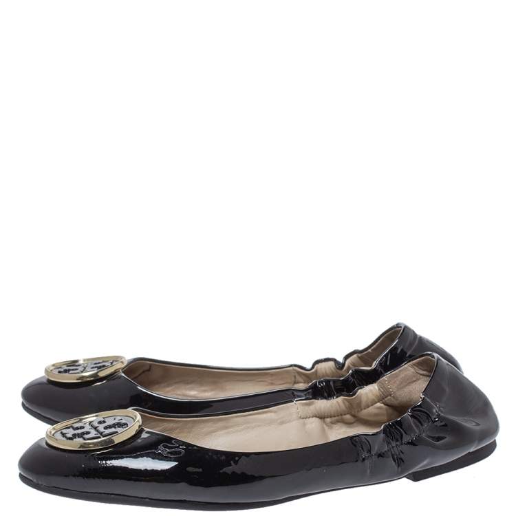 Pre Owned Tory Burch Black Patent Leather Twiggie Scrunch Ballet Flats Size 38.5