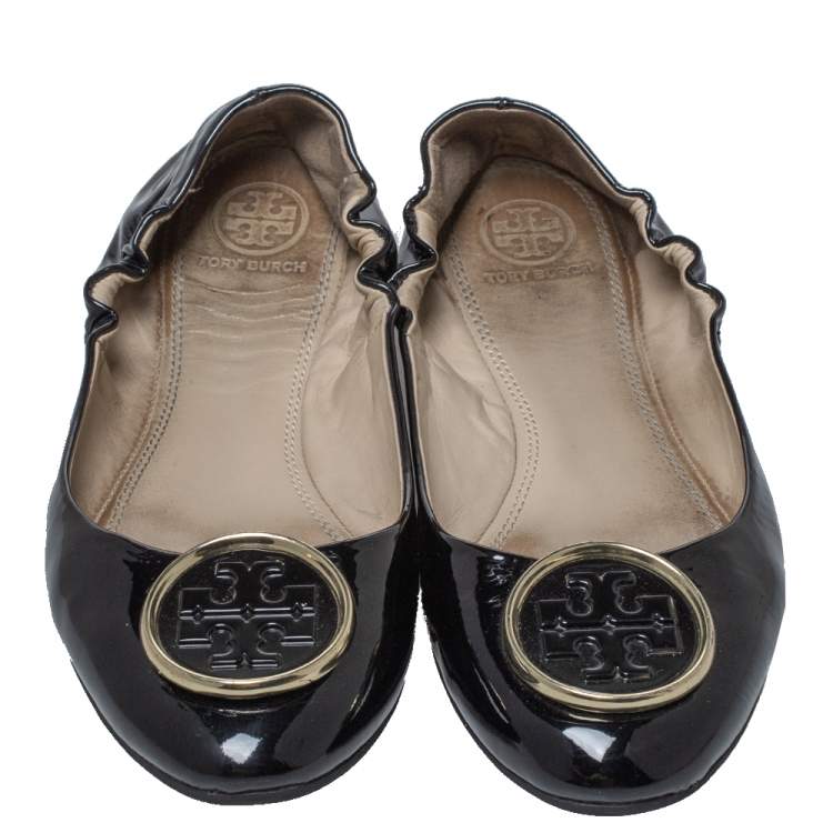 Pre Owned Tory Burch Black Patent Leather Twiggie Scrunch Ballet Flats Size 38.5