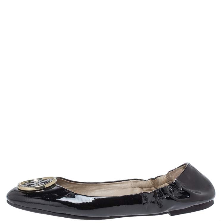 Pre Owned Tory Burch Black Patent Leather Twiggie Scrunch Ballet Flats Size 38.5