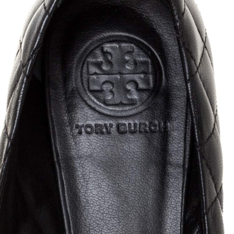 Pre Owned Tory Burch Black Quilted Leather Quinn Ballet Flats Size 37.5