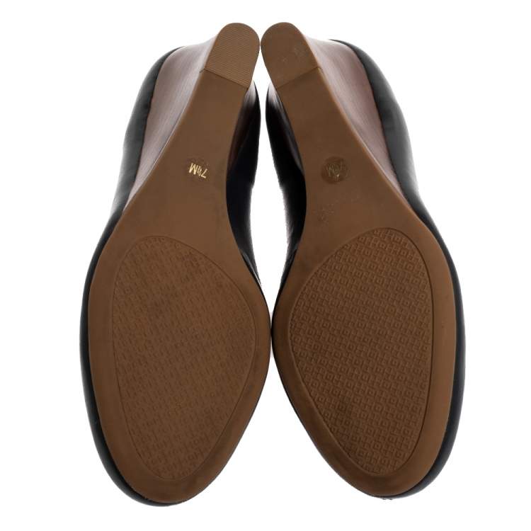 Pre Owned Tory Burch Blue Leather Lowell Wedge Pumps Size 37.5