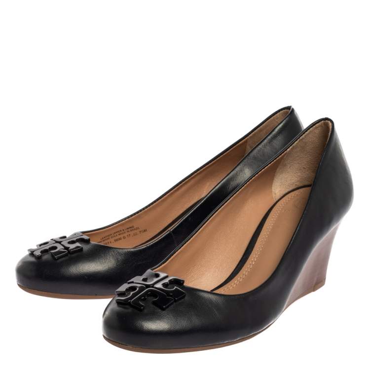 Pre Owned Tory Burch Blue Leather Lowell Wedge Pumps Size 37.5