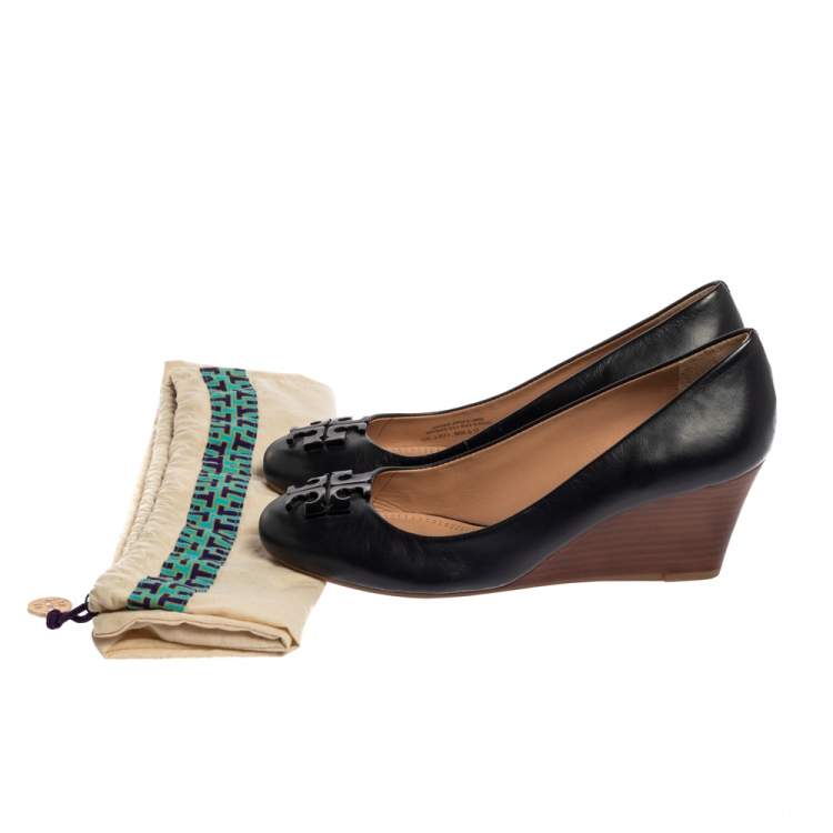 Pre Owned Tory Burch Blue Leather Lowell Wedge Pumps Size 37.5
