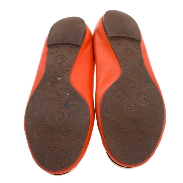 Pre Owned Tory Burch Orange Leather Minnie Scrunch Ballet Flats Size 39