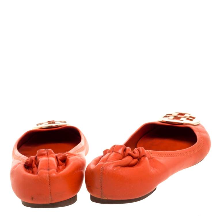 Pre Owned Tory Burch Orange Leather Minnie Scrunch Ballet Flats Size 39