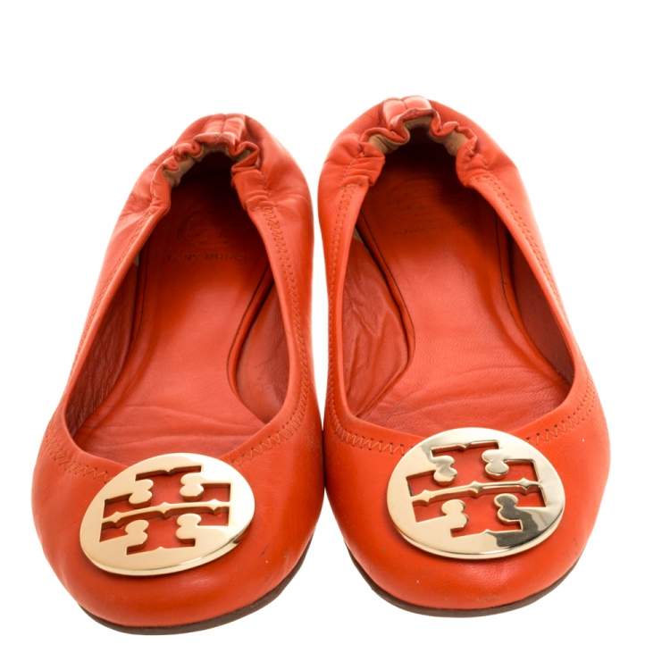 Pre Owned Tory Burch Orange Leather Minnie Scrunch Ballet Flats Size 39