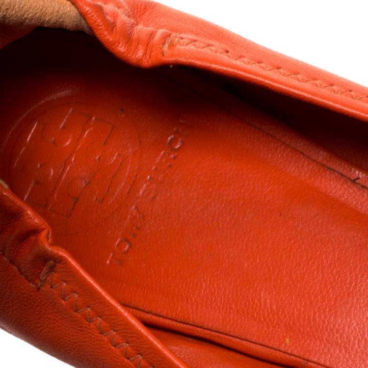 Pre Owned Tory Burch Orange Leather Minnie Scrunch Ballet Flats Size 39
