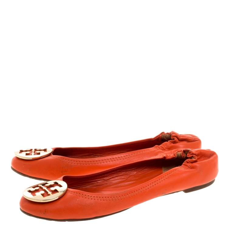 Pre Owned Tory Burch Orange Leather Minnie Scrunch Ballet Flats Size 39