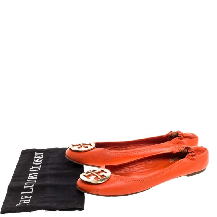 Pre Owned Tory Burch Orange Leather Minnie Scrunch Ballet Flats Size 39
