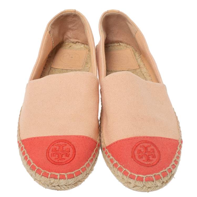 Pre Owned Tory Burch Coral Pink Canvas Logo Cap Top Espadrille Flats Size 36.5