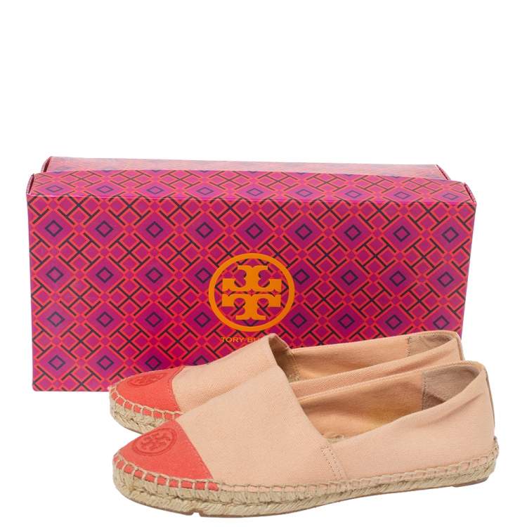 Pre Owned Tory Burch Coral Pink Canvas Logo Cap Top Espadrille Flats Size 36.5