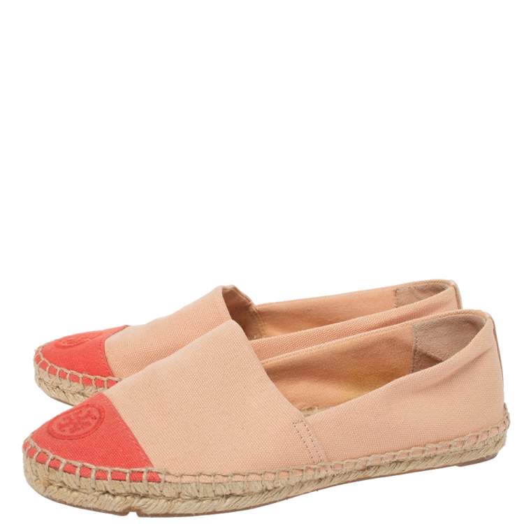 Pre Owned Tory Burch Coral Pink Canvas Logo Cap Top Espadrille Flats Size 36.5