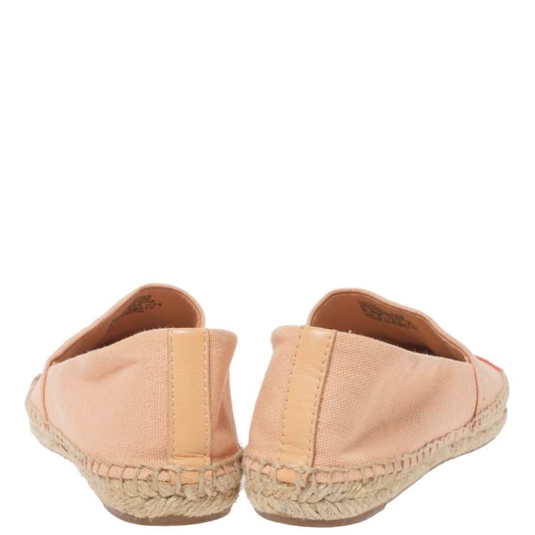 Pre Owned Tory Burch Coral Pink Canvas Logo Cap Top Espadrille Flats Size 36.5