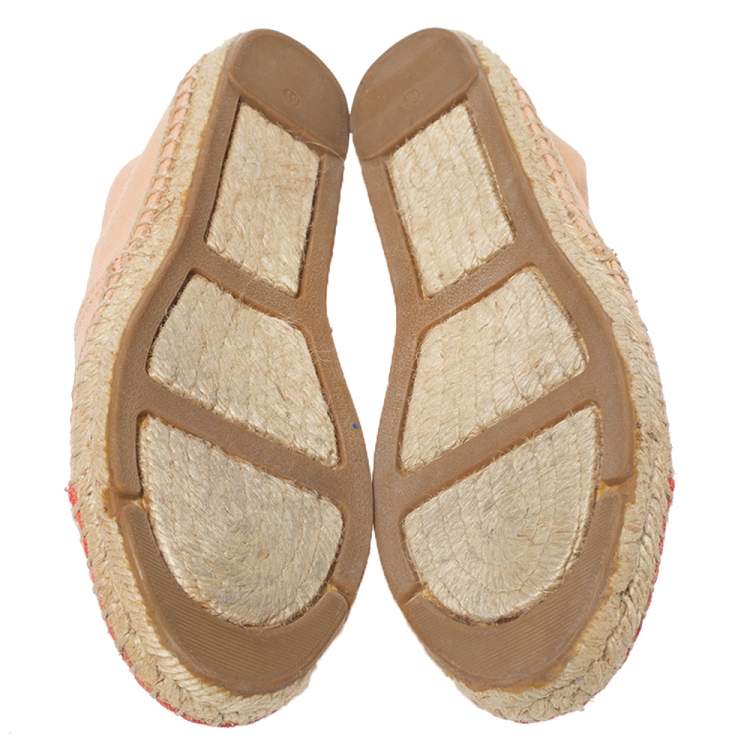 Pre Owned Tory Burch Coral Pink Canvas Logo Cap Top Espadrille Flats Size 36.5