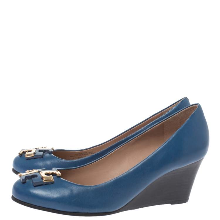 Pre Owned Tory Burch Blue Leather Logo Wedge Pumps Size 36.5