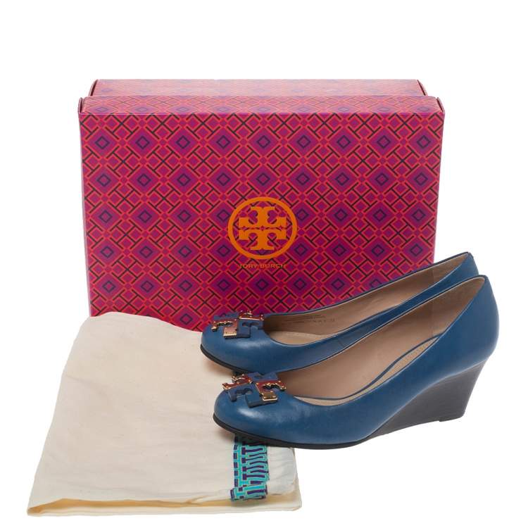 Pre Owned Tory Burch Blue Leather Logo Wedge Pumps Size 36.5