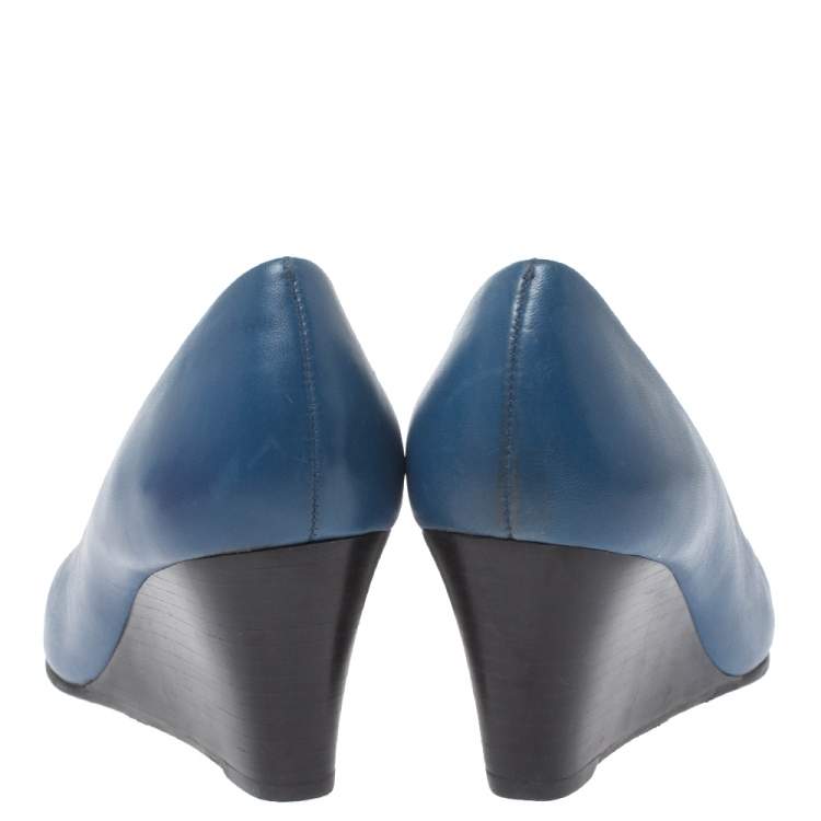 Pre Owned Tory Burch Blue Leather Logo Wedge Pumps Size 36.5