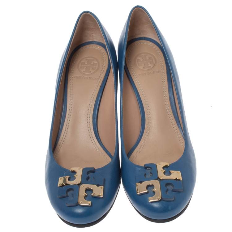 Pre Owned Tory Burch Blue Leather Logo Wedge Pumps Size 36.5