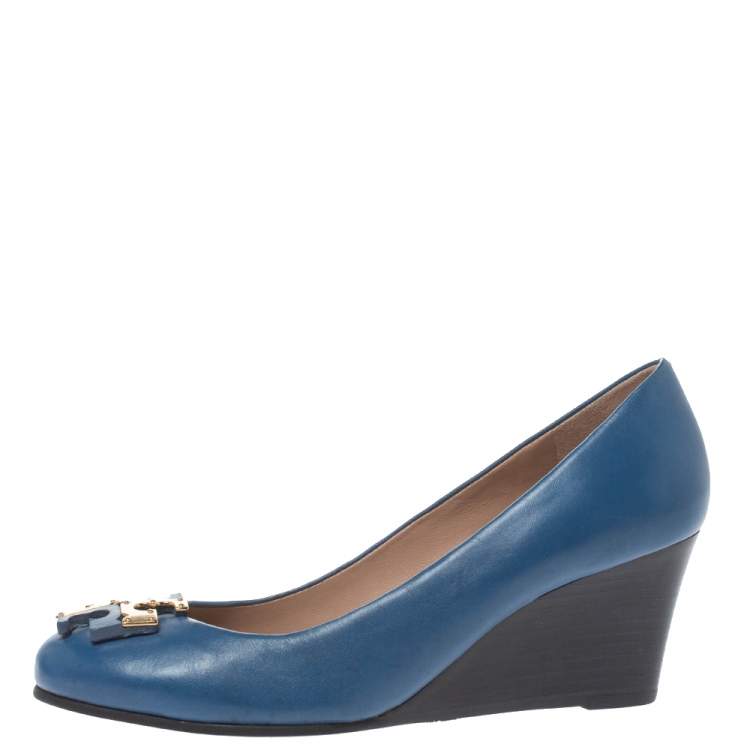 Pre Owned Tory Burch Blue Leather Logo Wedge Pumps Size 36.5