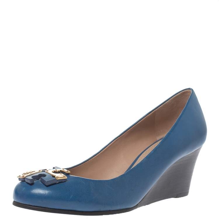 Pre Owned Tory Burch Blue Leather Logo Wedge Pumps Size 36.5