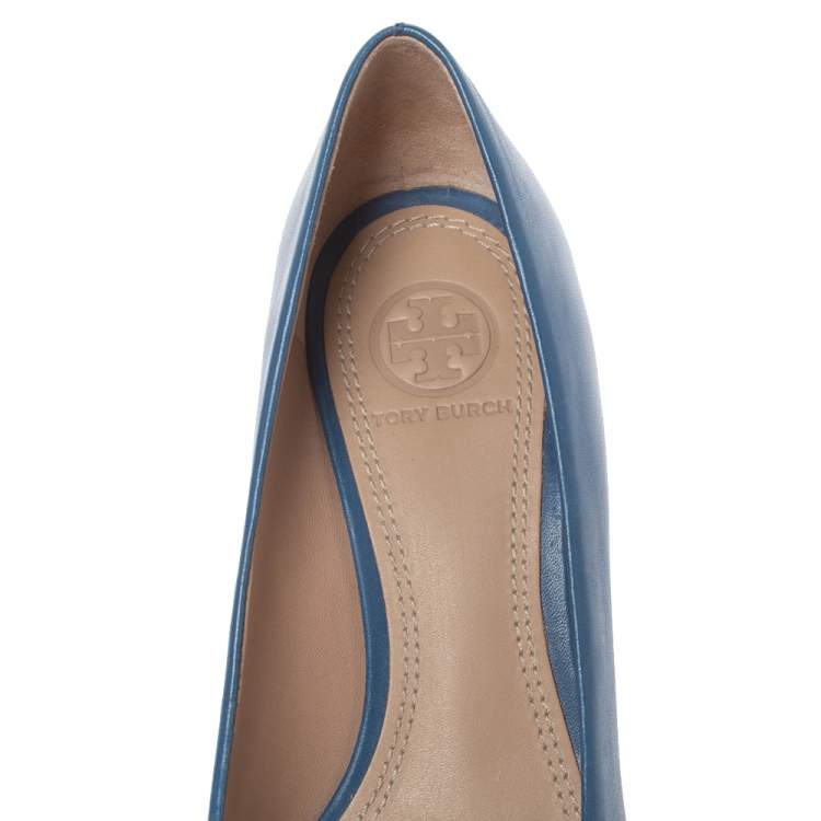 Pre Owned Tory Burch Blue Leather Logo Wedge Pumps Size 36.5