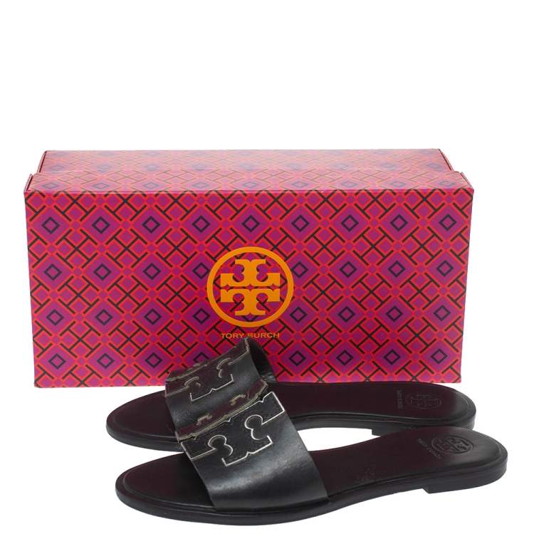 Pre Owned Tory Burch Black Leather Flat Slides Size 36.5