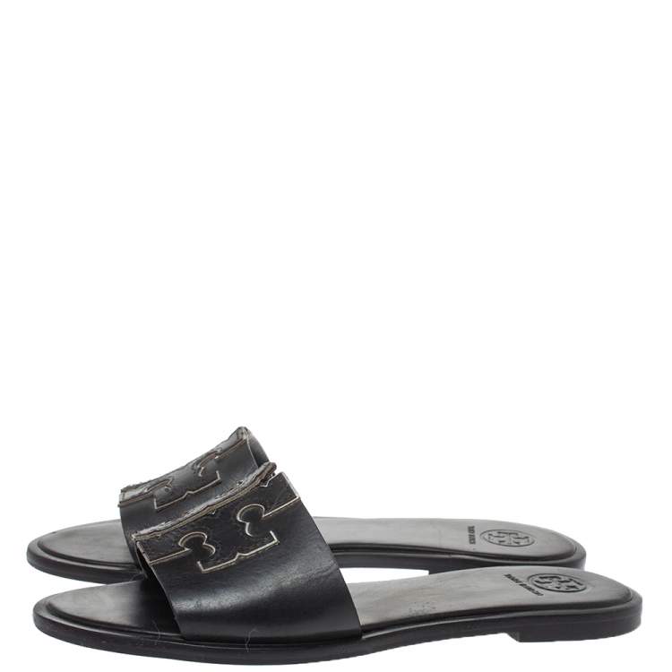 Pre Owned Tory Burch Black Leather Flat Slides Size 36.5