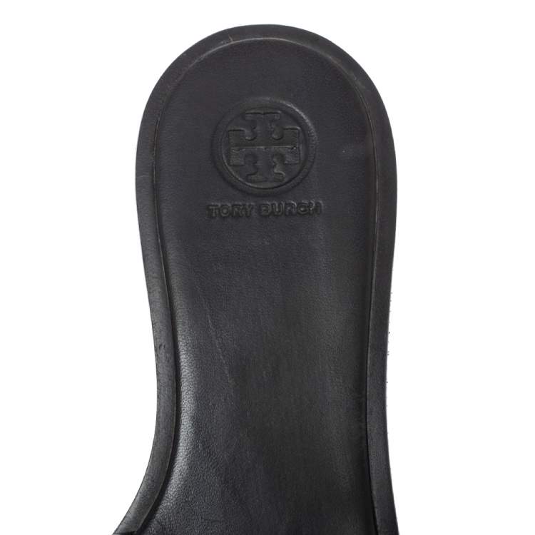 Pre Owned Tory Burch Black Leather Flat Slides Size 36.5