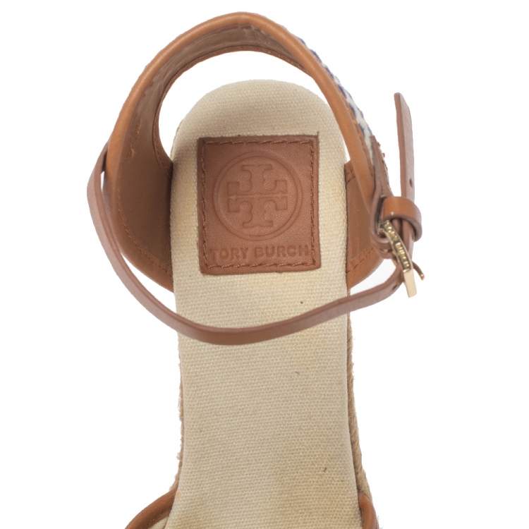 Pre Owned Tory Burch White/Blue Canvas And Leather Espadrille Wedge Platform Ankle Strap Sandals Size 36.5