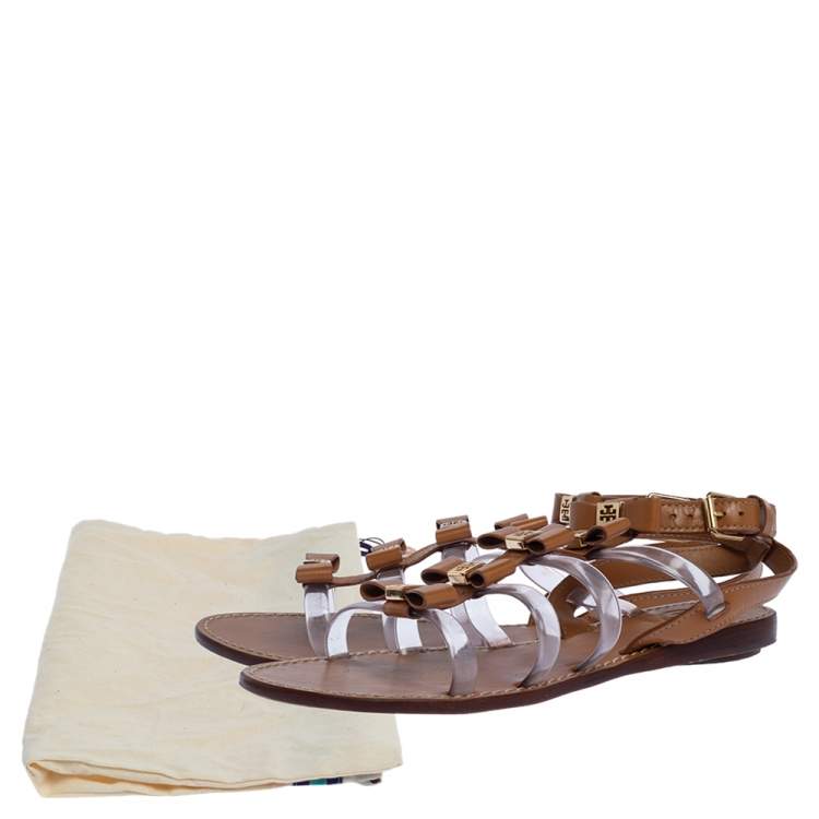 Pre Owned Tory Burch Brown Leather and PVC Kira Bow Detail Flat Sandals Size 36