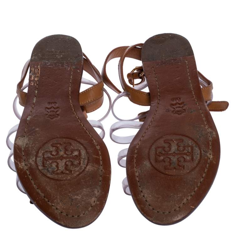 Pre Owned Tory Burch Brown Leather and PVC Kira Bow Detail Flat Sandals Size 36