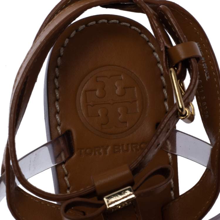 Pre Owned Tory Burch Brown Leather and PVC Kira Bow Detail Flat Sandals Size 36
