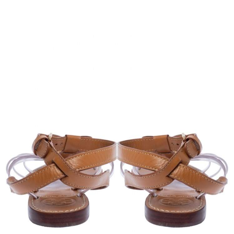 Pre Owned Tory Burch Brown Leather and PVC Kira Bow Detail Flat Sandals Size 36