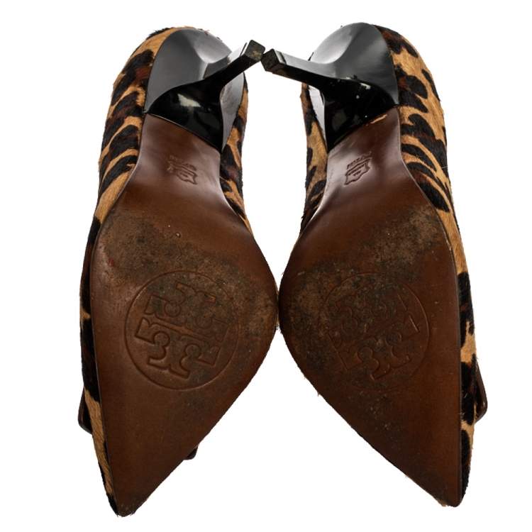 Pre Owned Tory Burch Leopard Print Calf Hair 'Celina' Pointed Toe Pumps Size 36.5