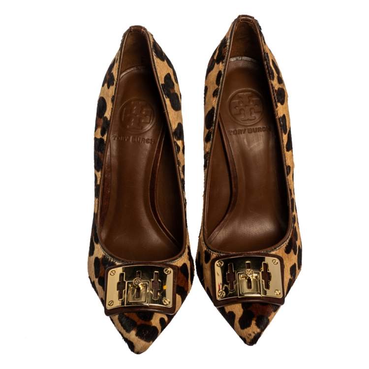 Pre Owned Tory Burch Leopard Print Calf Hair 'Celina' Pointed Toe Pumps Size 36.5