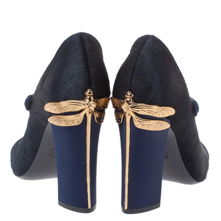 Pre Owned Tory Burch Navy Blue Calf Hair and Satin Dragon Fly Heel Mary Jane Pumps Size 37