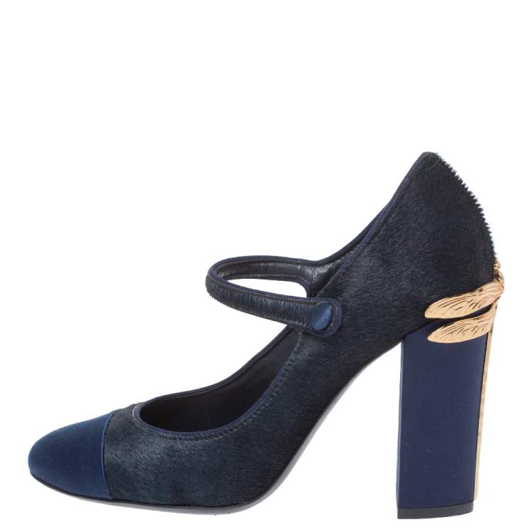 Pre Owned Tory Burch Navy Blue Calf Hair and Satin Dragon Fly Heel Mary Jane Pumps Size 37
